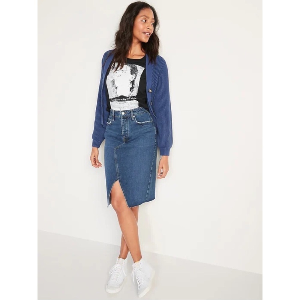 NWT Higher High-Waisted Button-Fly Cut-Off Jean Pencil Skirt